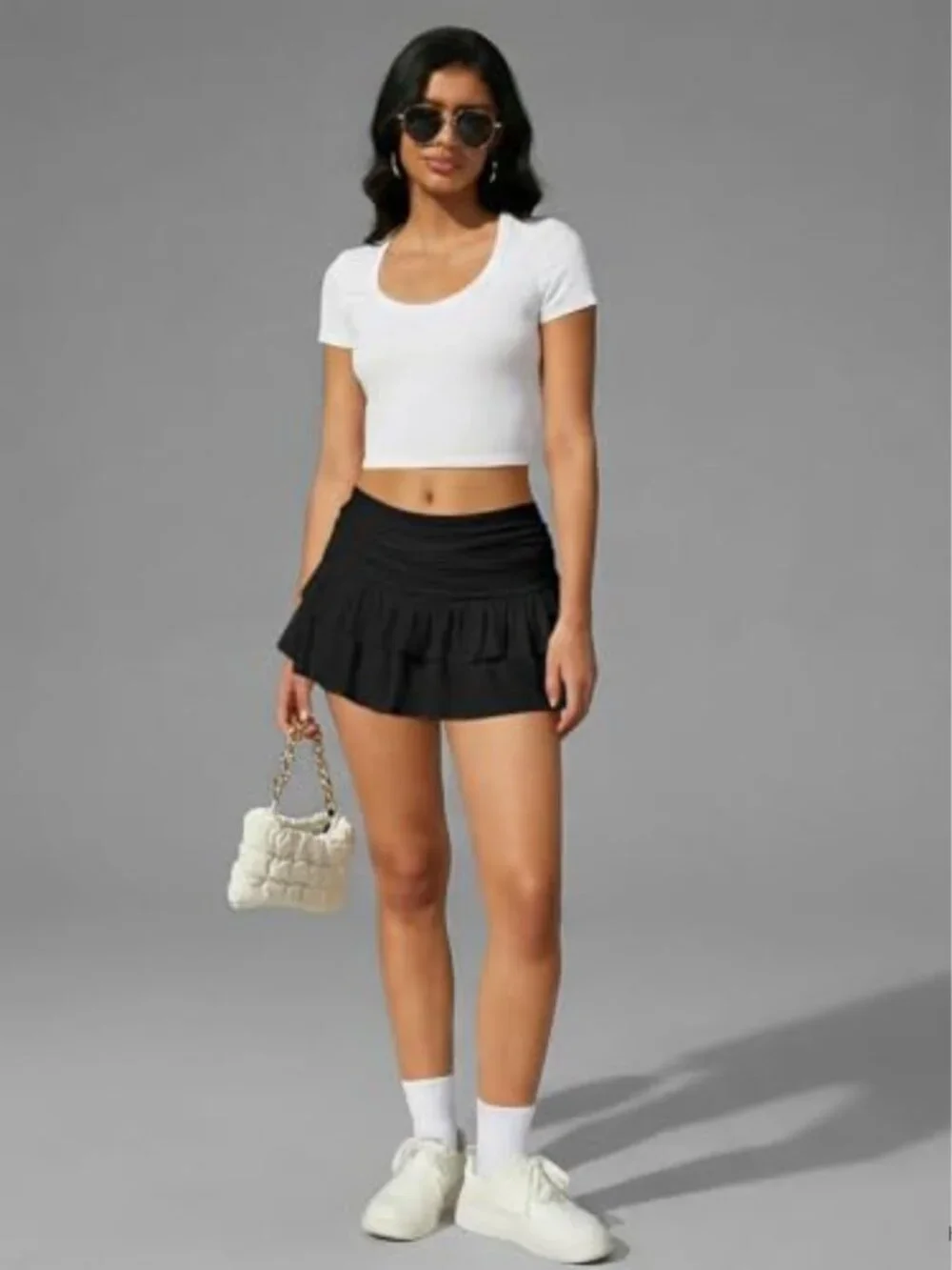 Y2K Ruffle Tiered Low Rise Mini Skort with Built-In Shorts, A-Line Fit, Stretch